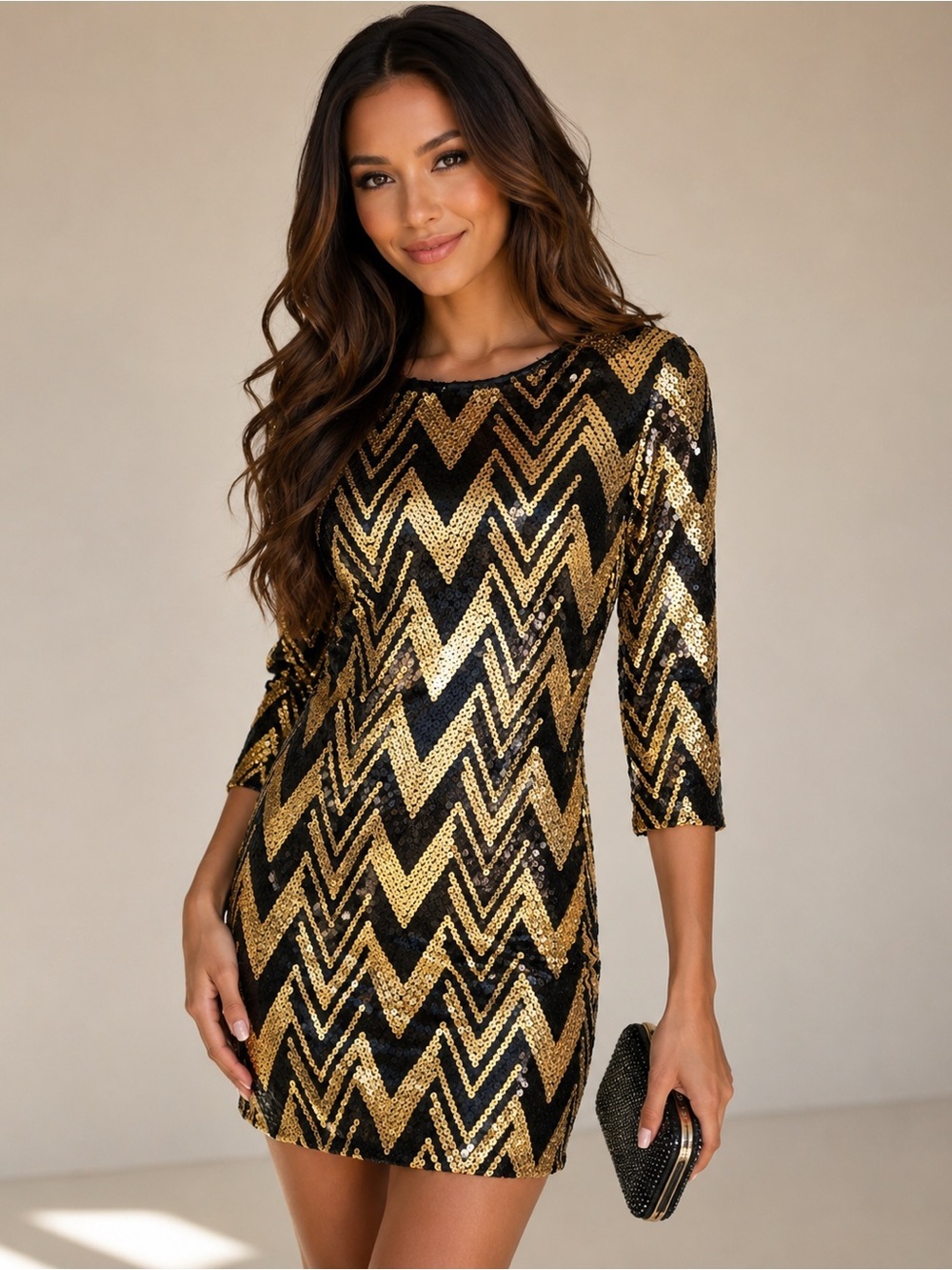 Ark & Co Black Gold Sequin Chevron Mini Dress Size M Open Back Party Cocktail